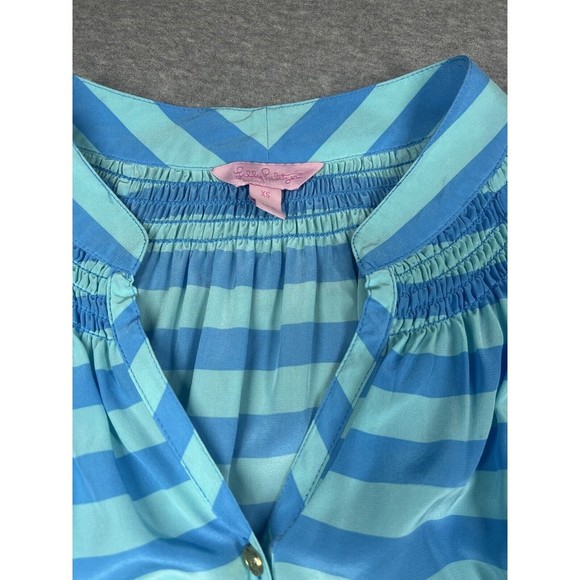 LILLY PULITZER Women's Blue Aqua Striped V-Neck‎ Long Sleeve Silk Blouse Sz XS - Picture 2 of 13